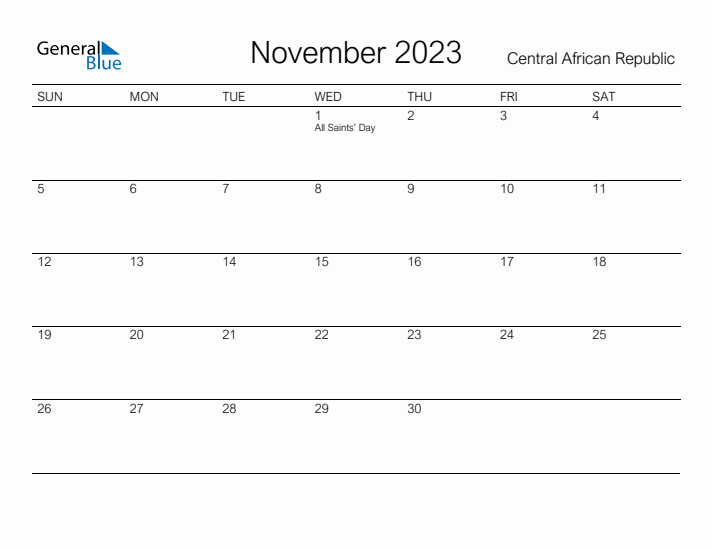 Printable November 2023 Calendar for Central African Republic