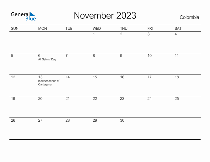 Printable November 2023 Calendar for Colombia