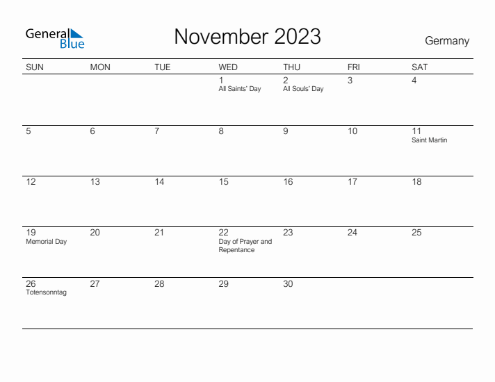 Printable November 2023 Calendar for Germany