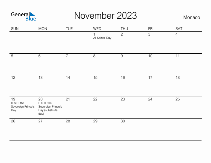 Printable November 2023 Calendar for Monaco