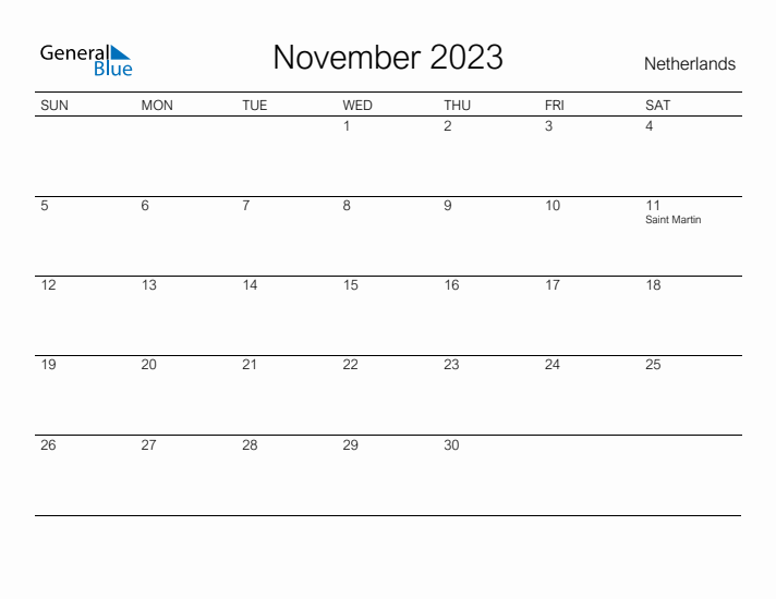 Printable November 2023 Calendar for The Netherlands