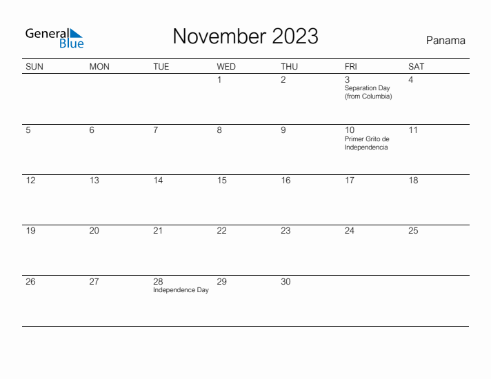 Printable November 2023 Calendar for Panama