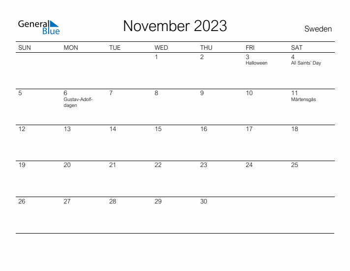 Printable November 2023 Calendar for Sweden