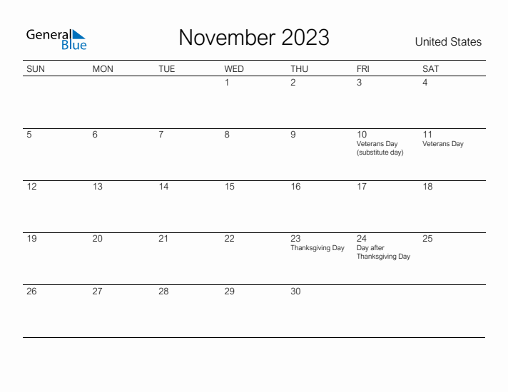 Printable November 2023 Calendar for United States