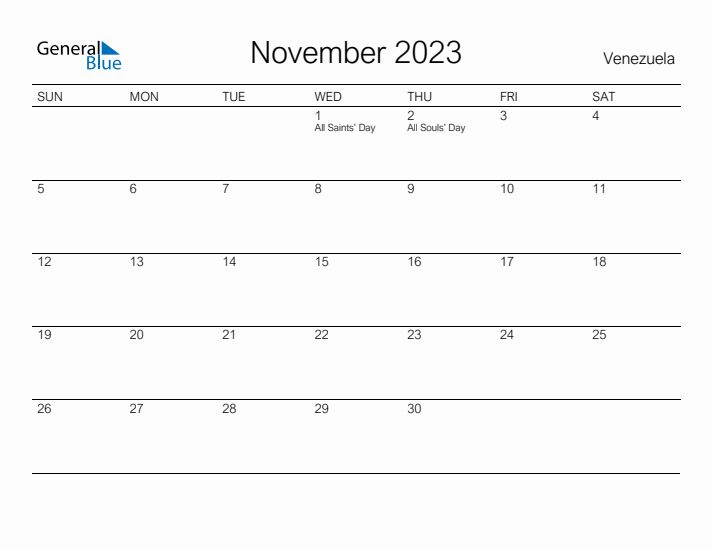 Printable November 2023 Calendar for Venezuela