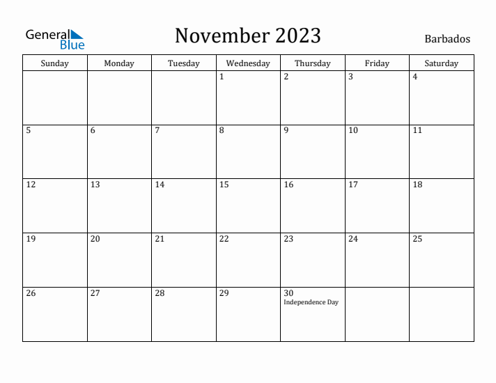 November 2023 Calendar Barbados