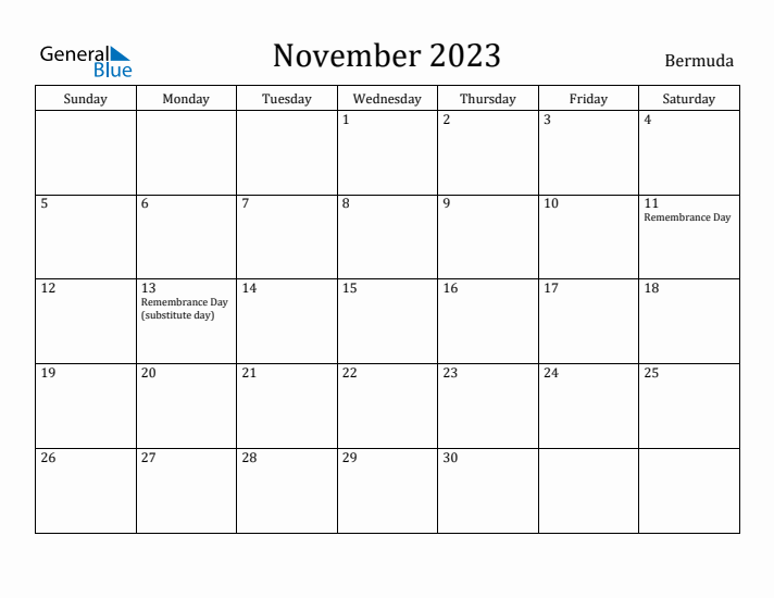 November 2023 Calendar Bermuda