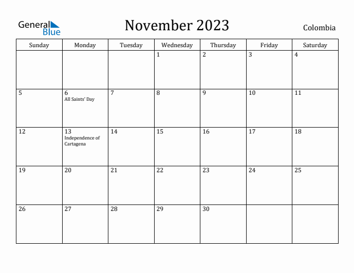 November 2023 Calendar Colombia