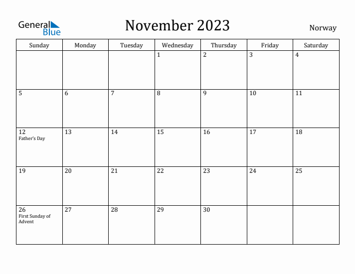 November 2023 Calendar Norway