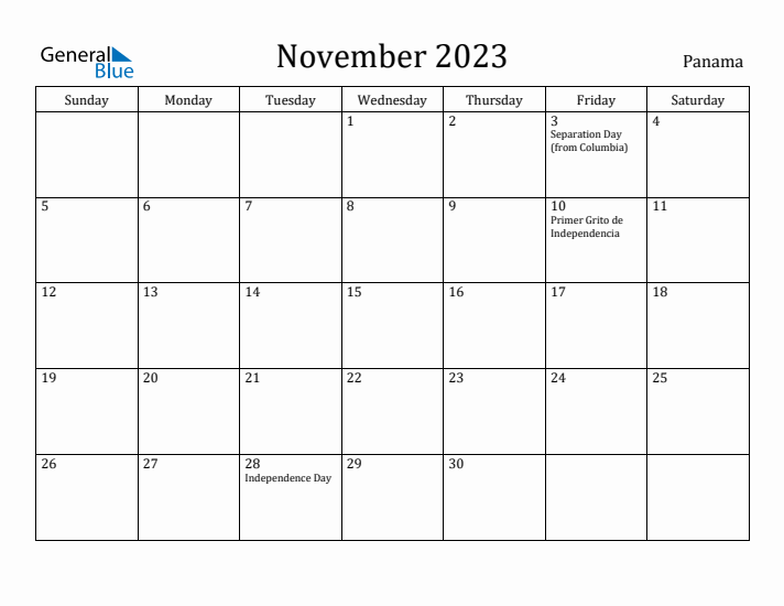 November 2023 Calendar Panama