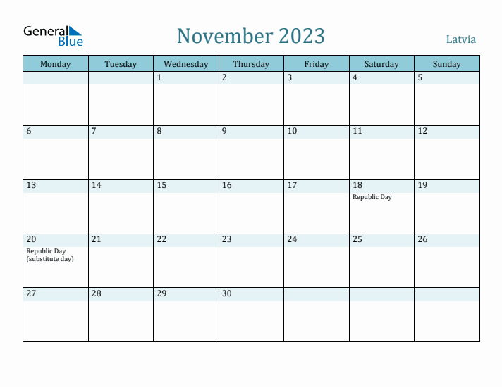 November 2023 Calendar with Holidays