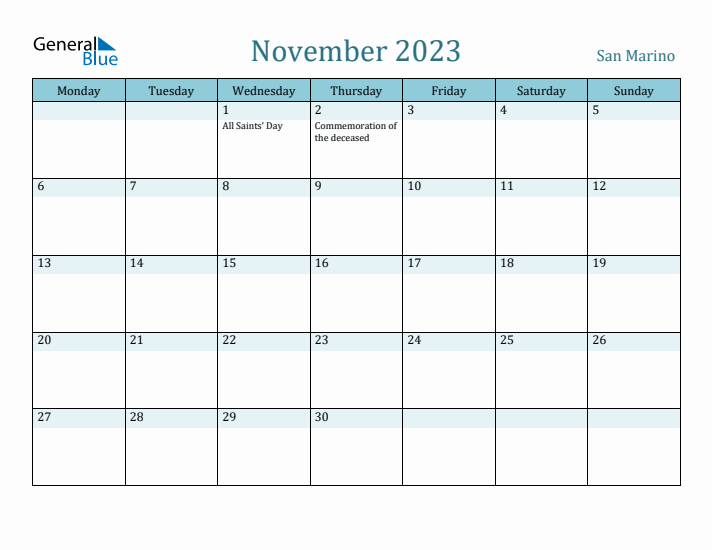 November 2023 Calendar with Holidays