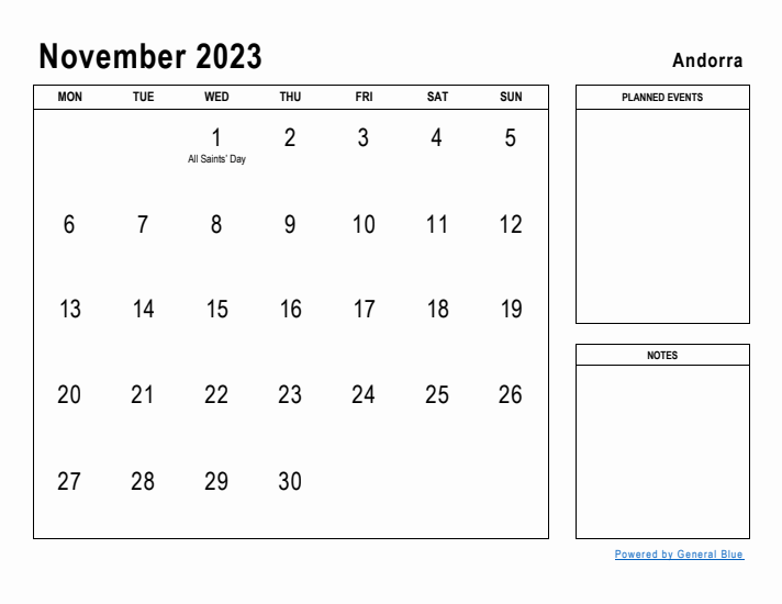 November 2023 Printable Monthly Calendar with Andorra Holidays