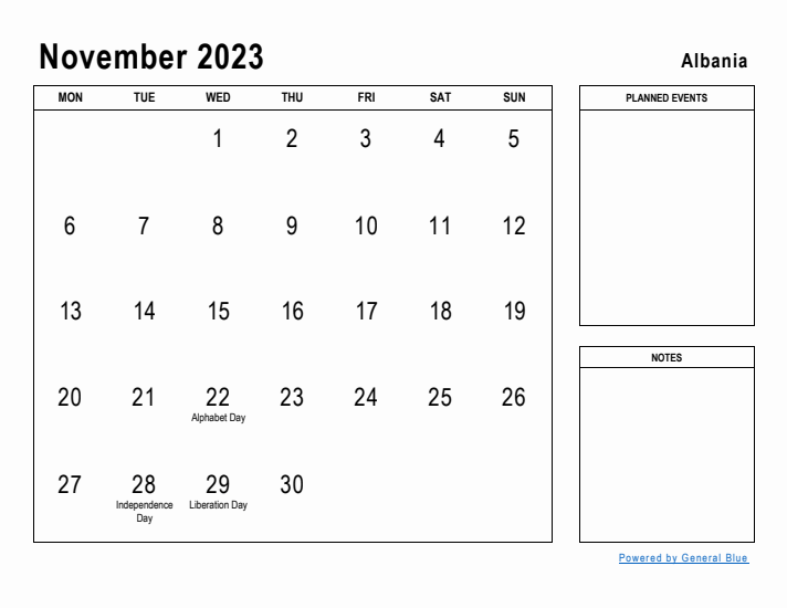 November 2023 Printable Monthly Calendar with Albania Holidays