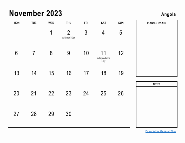 November 2023 Printable Monthly Calendar with Angola Holidays