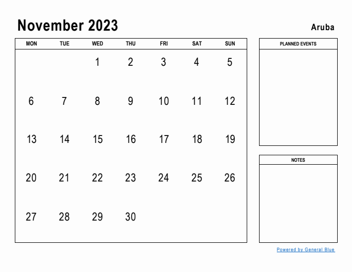 November 2023 Printable Monthly Calendar with Aruba Holidays