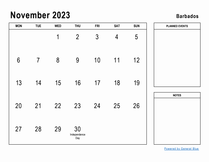 November 2023 Printable Monthly Calendar with Barbados Holidays