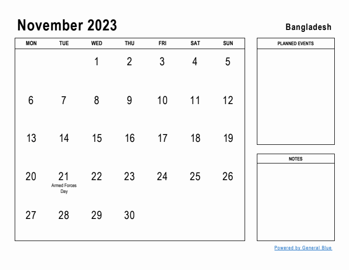 November 2023 Printable Monthly Calendar with Bangladesh Holidays