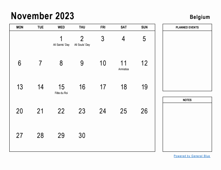 November 2023 Printable Monthly Calendar with Belgium Holidays