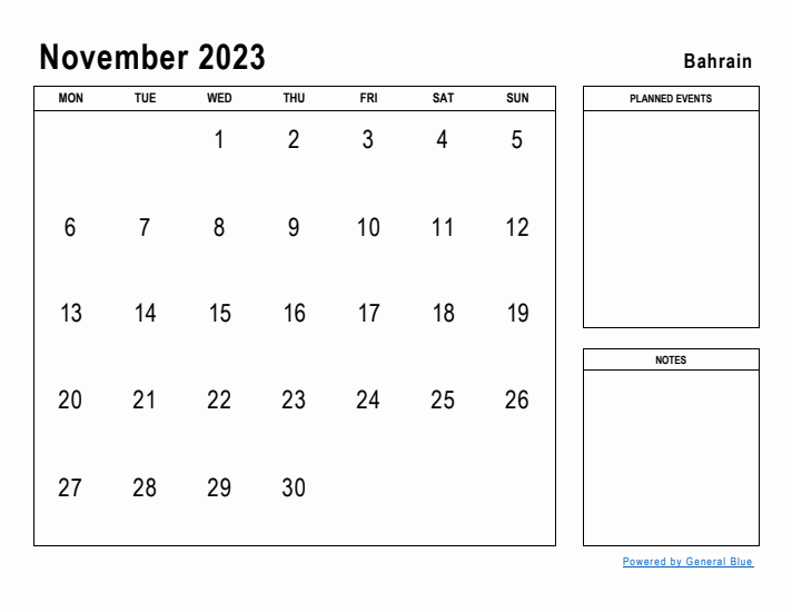 November 2023 Printable Monthly Calendar with Bahrain Holidays