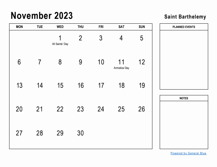 November 2023 Printable Monthly Calendar with Saint Barthelemy Holidays