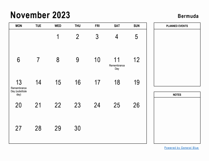 November 2023 Printable Monthly Calendar with Bermuda Holidays