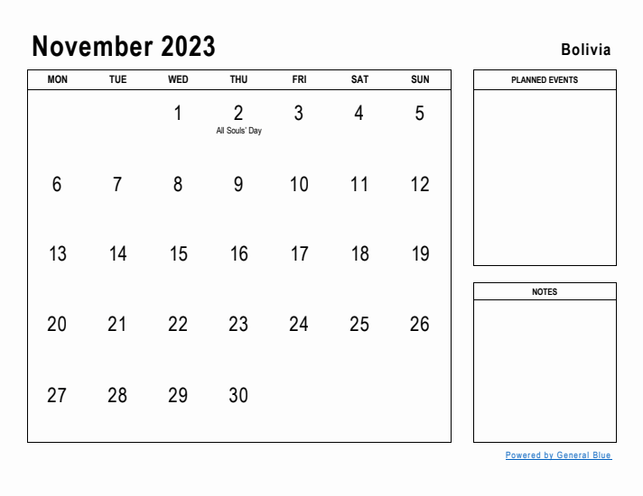 November 2023 Printable Monthly Calendar with Bolivia Holidays