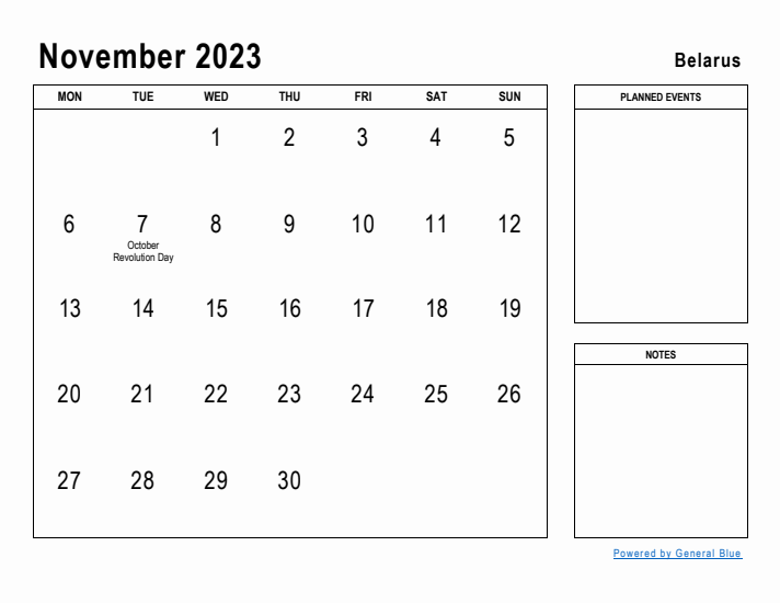 November 2023 Printable Monthly Calendar with Belarus Holidays