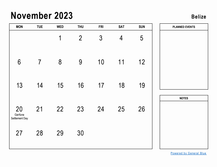 November 2023 Printable Monthly Calendar with Belize Holidays