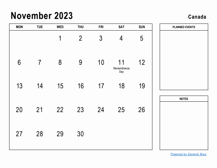 November 2023 Printable Monthly Calendar with Canada Holidays