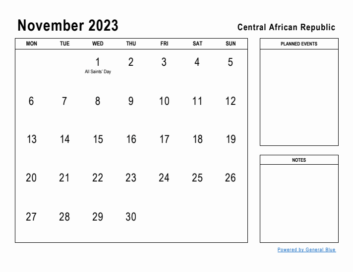 November 2023 Printable Monthly Calendar with Central African Republic Holidays