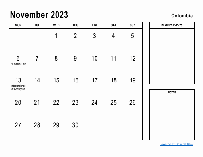 November 2023 Printable Monthly Calendar with Colombia Holidays