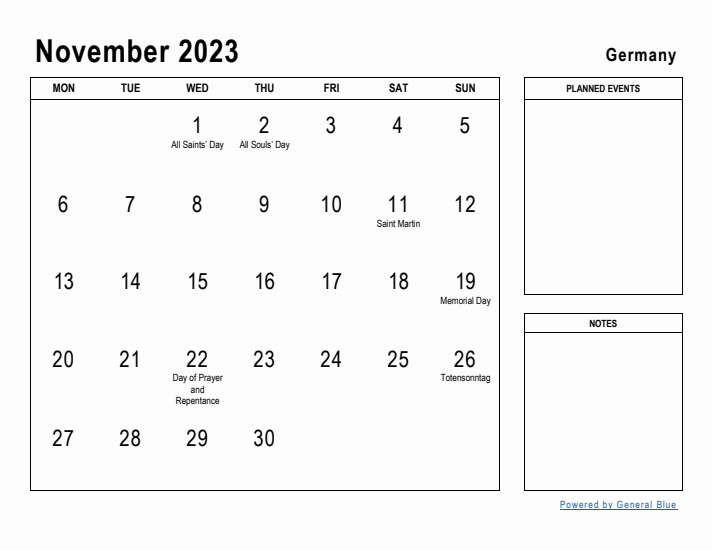 November 2023 Printable Monthly Calendar with Germany Holidays