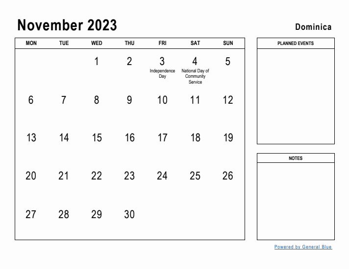 November 2023 Printable Monthly Calendar with Dominica Holidays