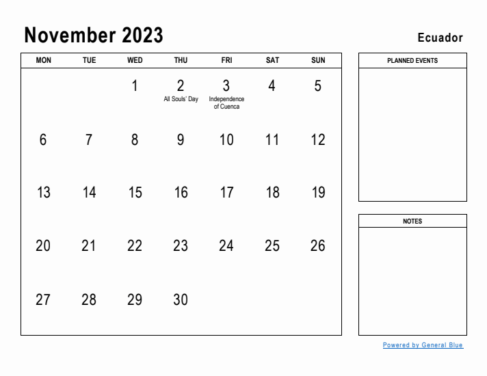 November 2023 Printable Monthly Calendar with Ecuador Holidays