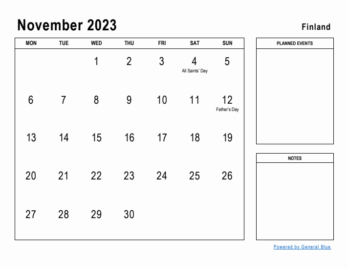 November 2023 Printable Monthly Calendar with Finland Holidays