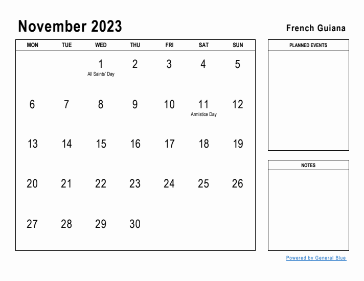 November 2023 Printable Monthly Calendar with French Guiana Holidays