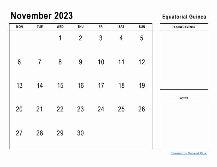 November 2023 Printable Monthly Calendar with Equatorial Guinea Holidays