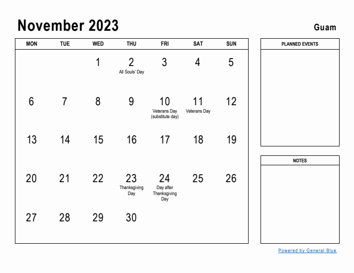 November 2023 Printable Monthly Calendar with Guam Holidays