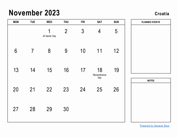 November 2023 Printable Monthly Calendar with Croatia Holidays