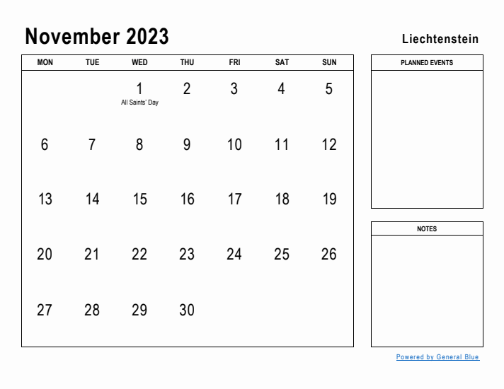 November 2023 Printable Monthly Calendar with Liechtenstein Holidays