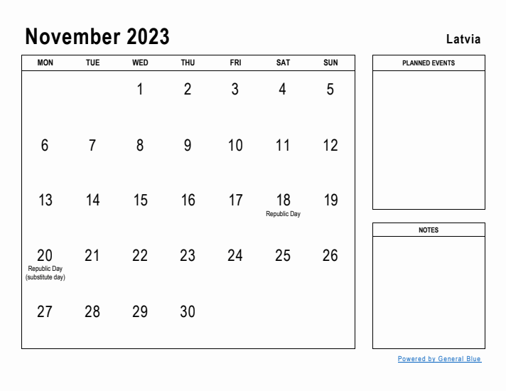 November 2023 Printable Monthly Calendar with Latvia Holidays