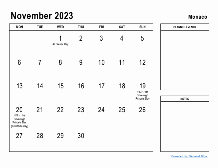 November 2023 Printable Monthly Calendar with Monaco Holidays