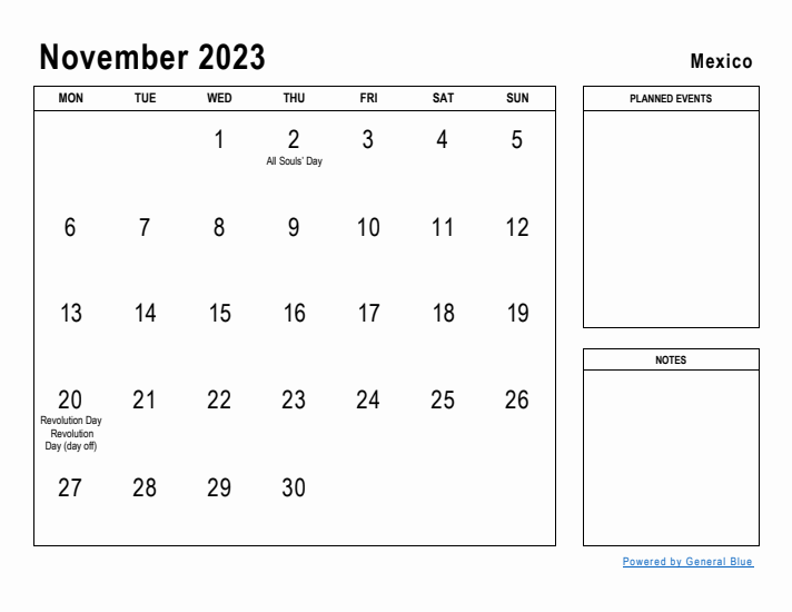 November 2023 Printable Monthly Calendar with Mexico Holidays