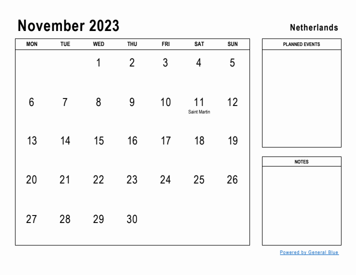 November 2023 Printable Monthly Calendar with The Netherlands Holidays