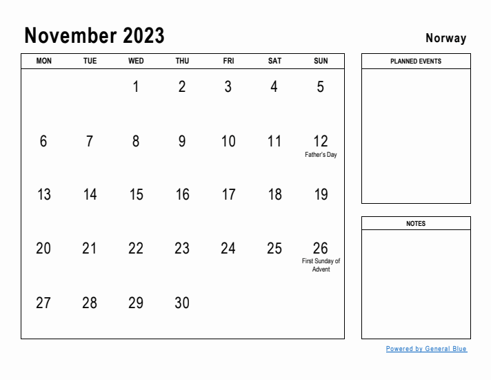 November 2023 Printable Monthly Calendar with Norway Holidays