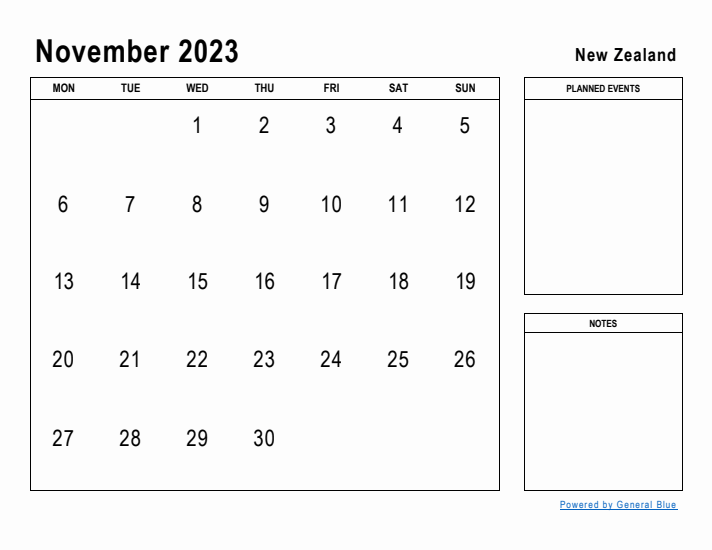 November 2023 Printable Monthly Calendar with New Zealand Holidays