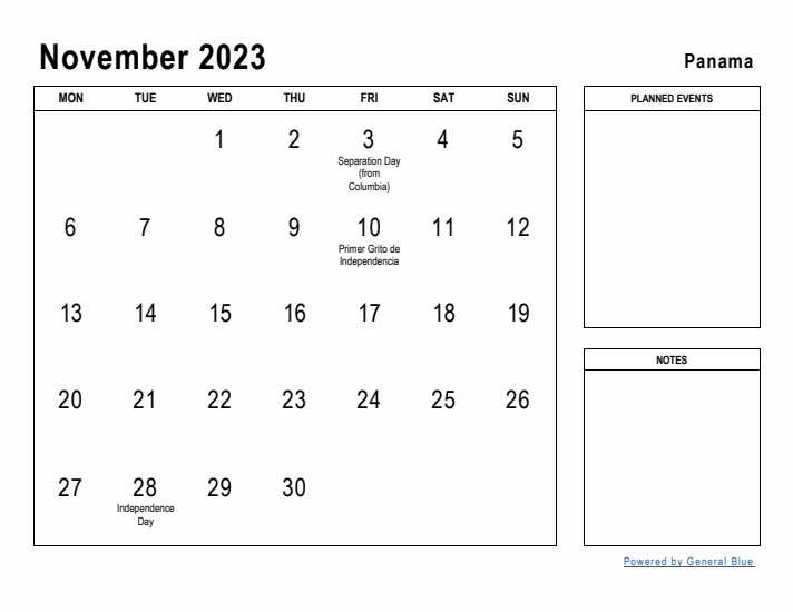 November 2023 Printable Monthly Calendar with Panama Holidays