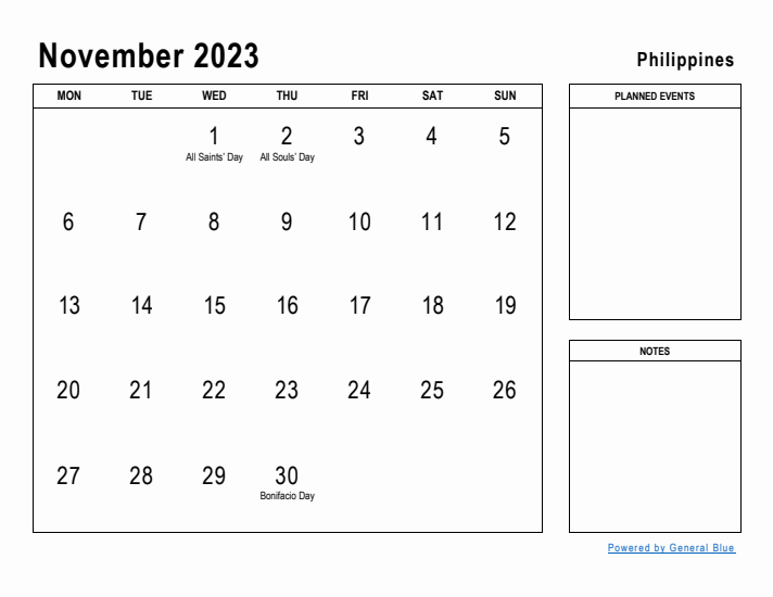 November 2023 Printable Monthly Calendar with Philippines Holidays