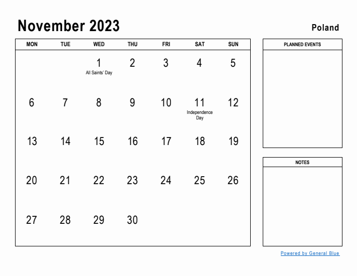 November 2023 Printable Monthly Calendar with Poland Holidays